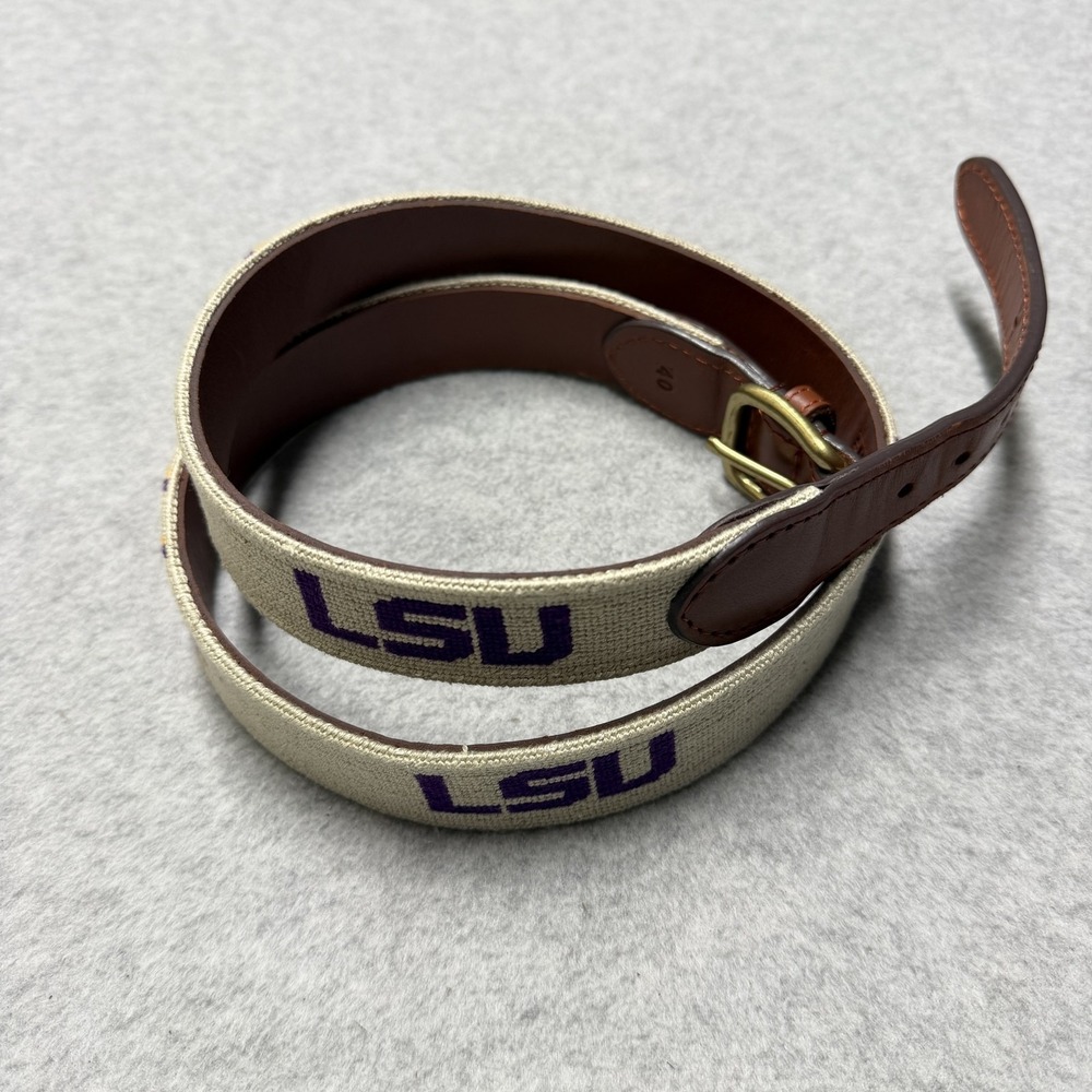 LSU Tigers Belt Mens 40 Beige NCAA Football Smathers & Branson Needlepoint